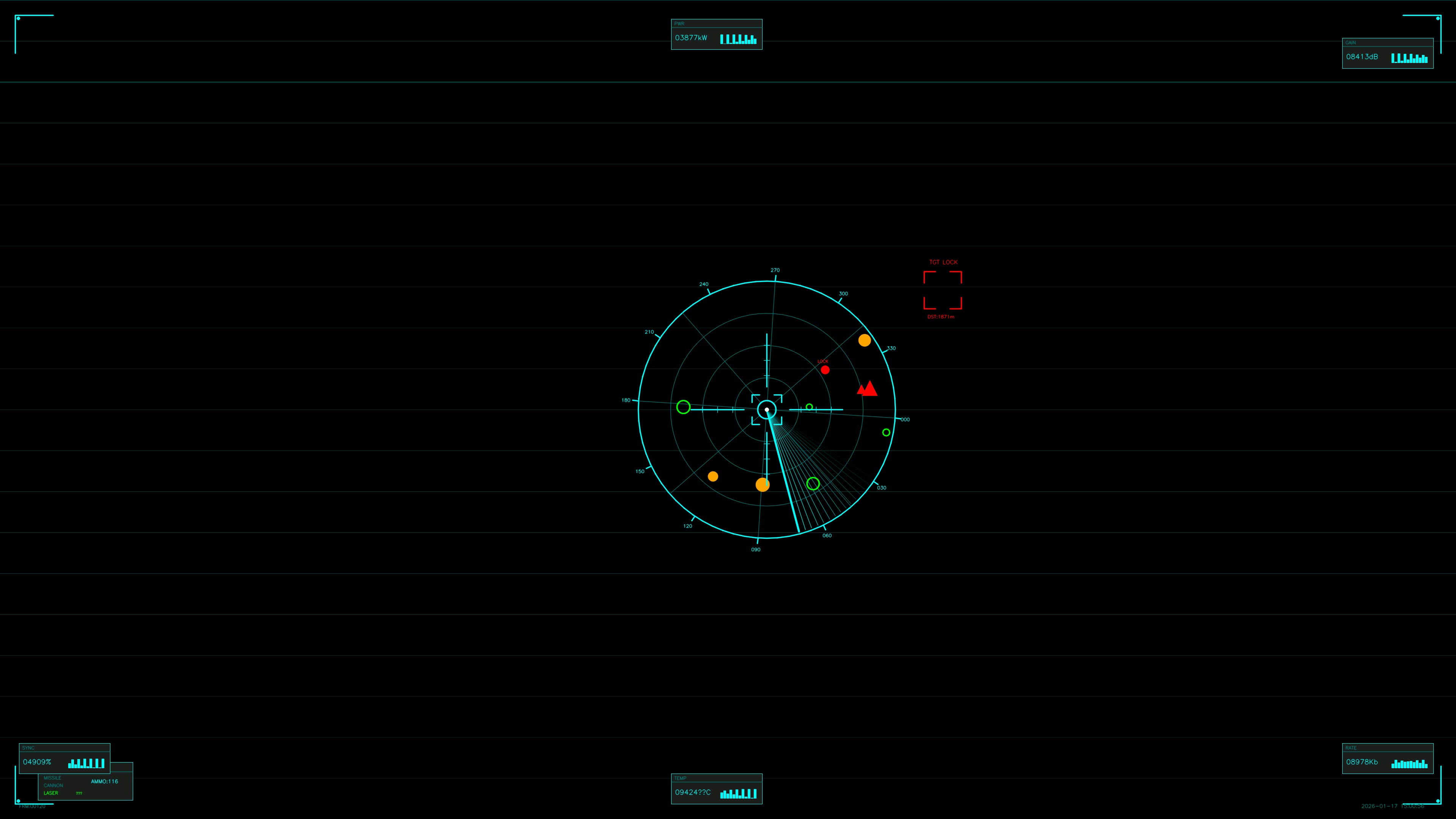 Military gui war stock footage hud animation designed for science fiction production with radar display and targeting indicators