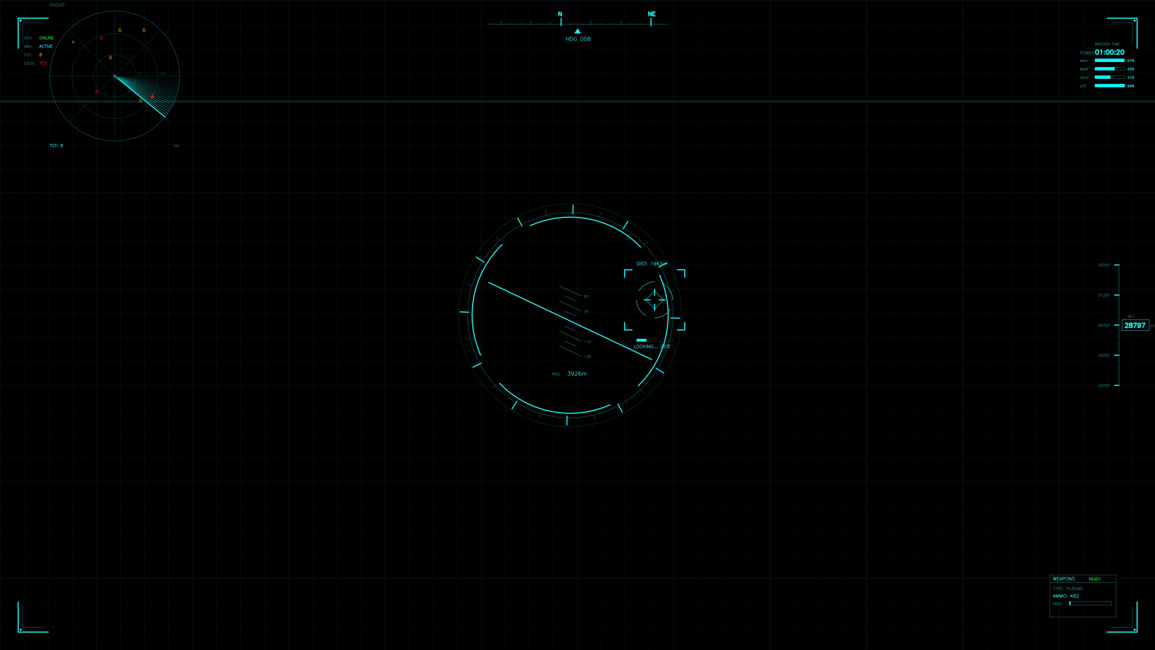 Military gui war stock footage hud animation for science fiction project featuring detailed radar display and targeting system