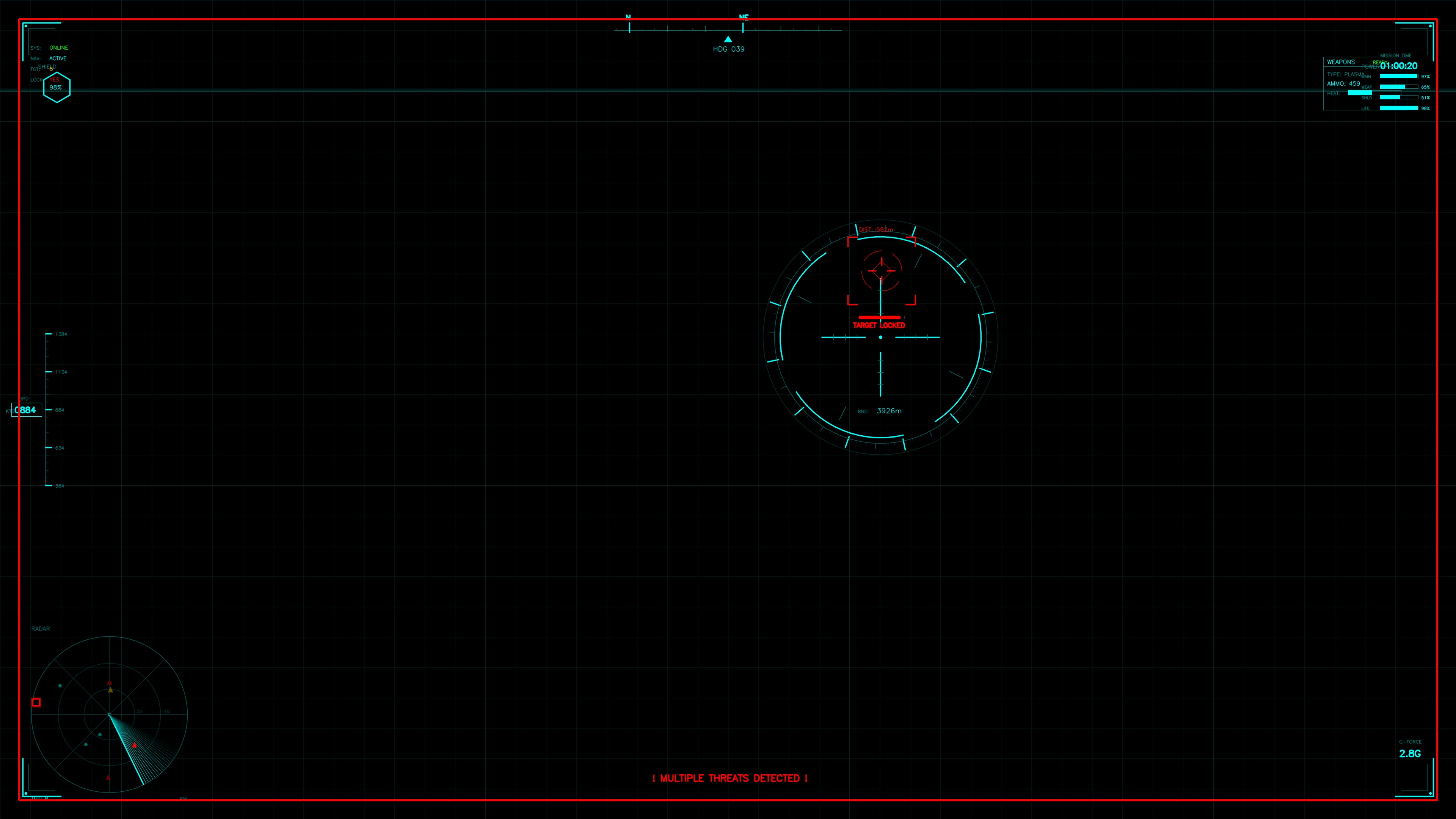 Military gui war stock footage shows hud animation for science fiction production in dark environment with radar display and targeting crosshair
