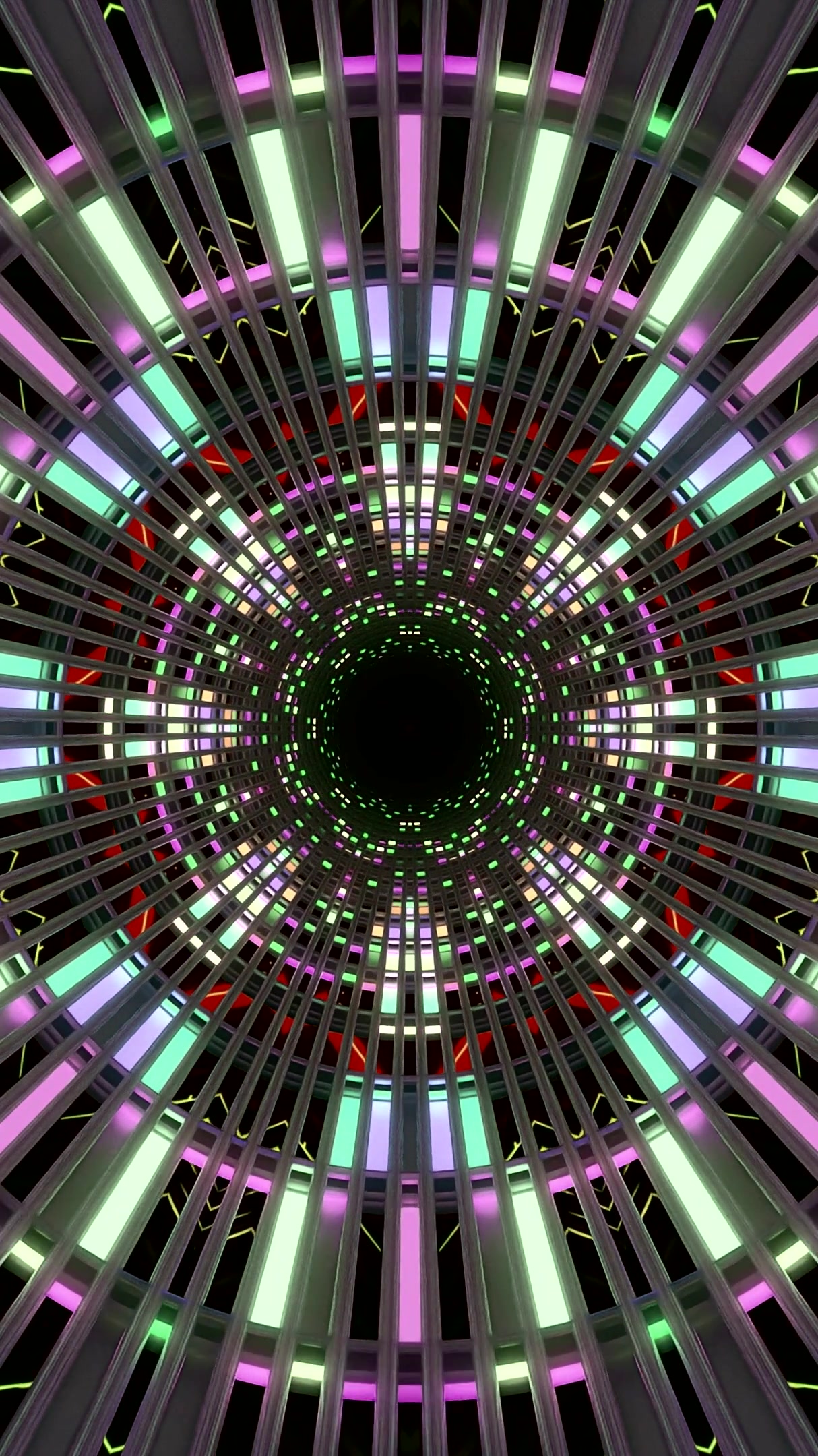 Tunnel video vj loop screensaver creates a vibrant visual experience with colorful lights and patterns in a seamless design