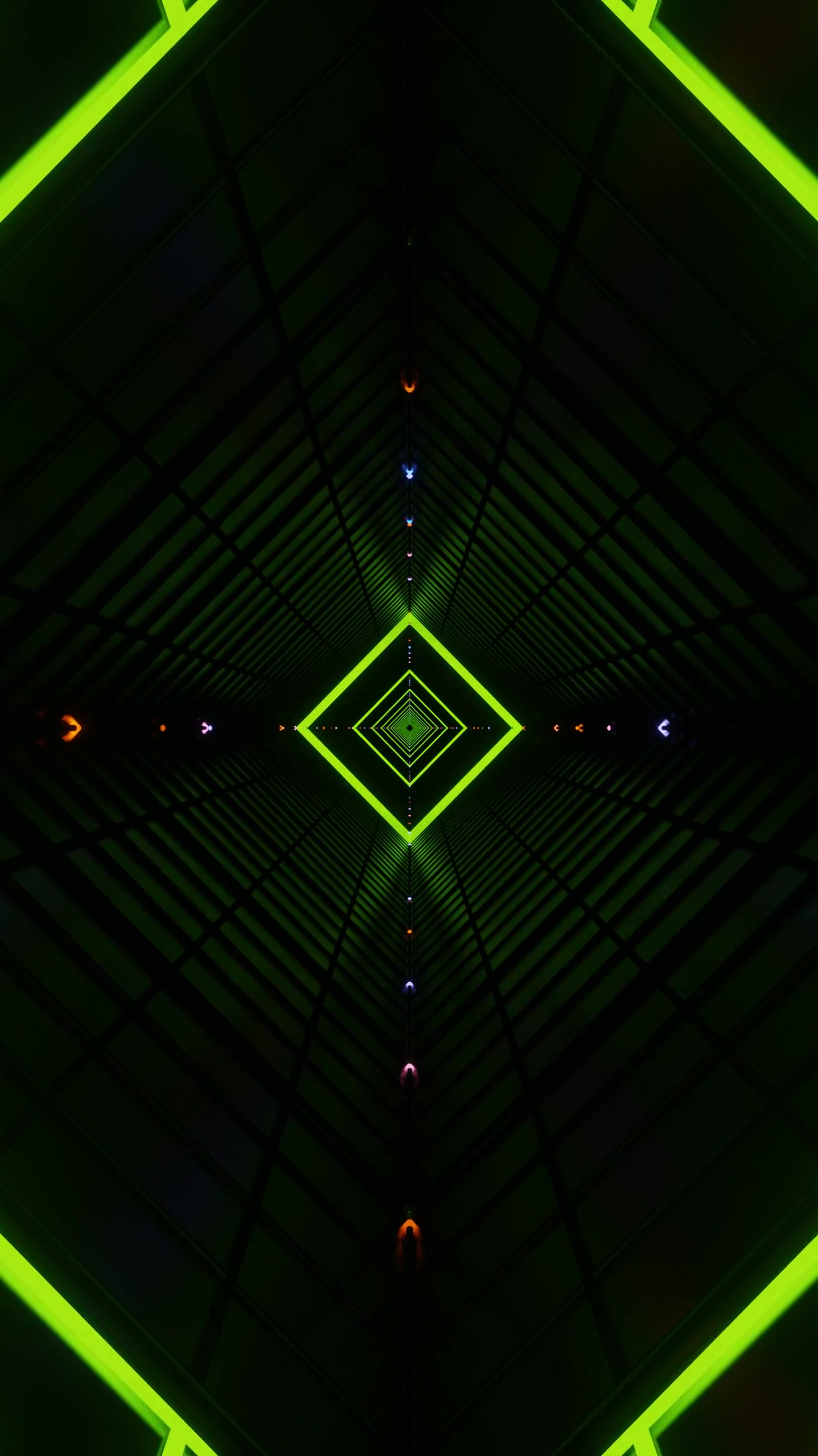 Endless tunnel loop with bright red yellow and black geometric patterns creating dynamic visual movement