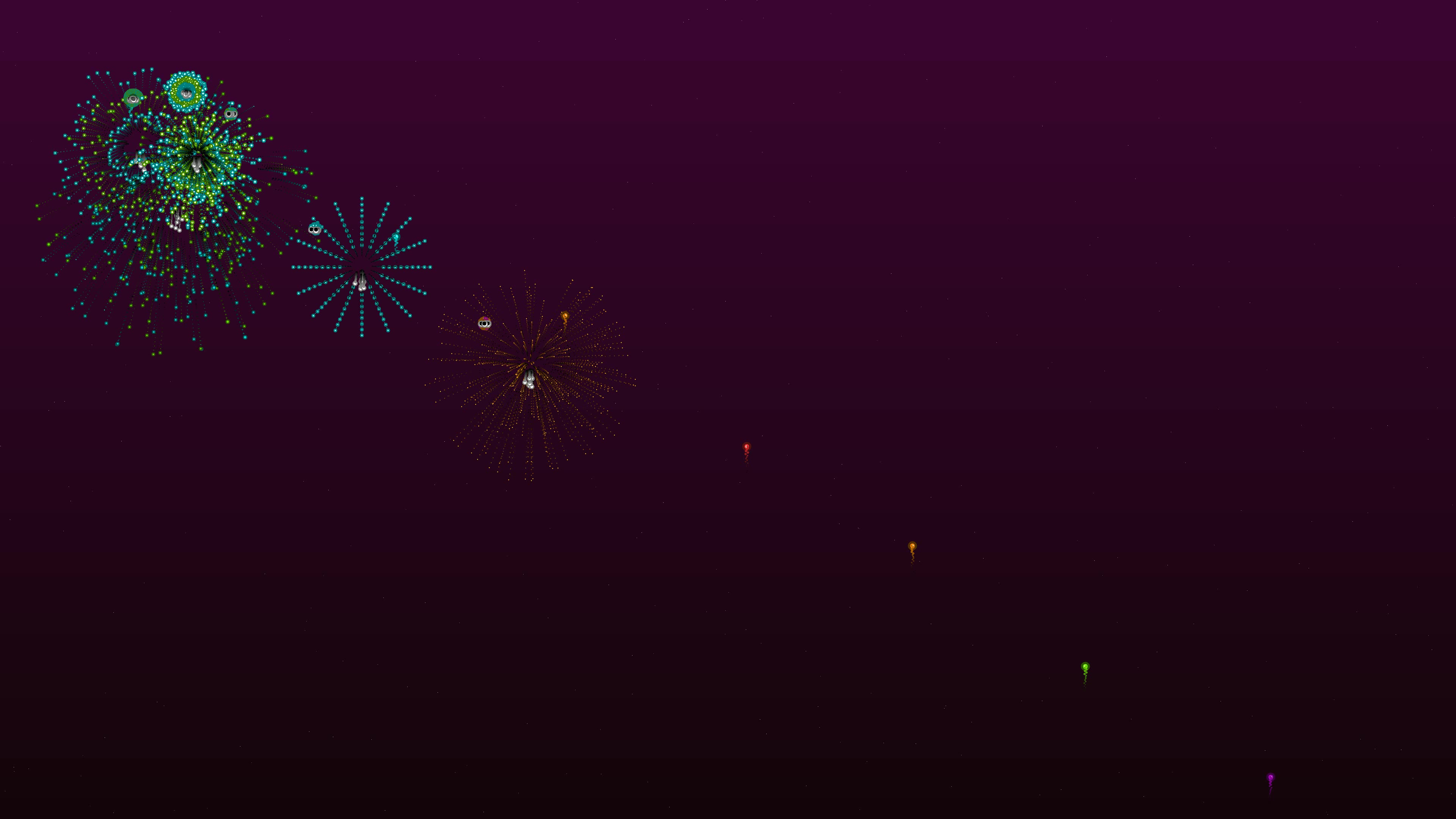 Neon glow fireworks with glitter effect light up the night sky during celebration event at city park on summer evening