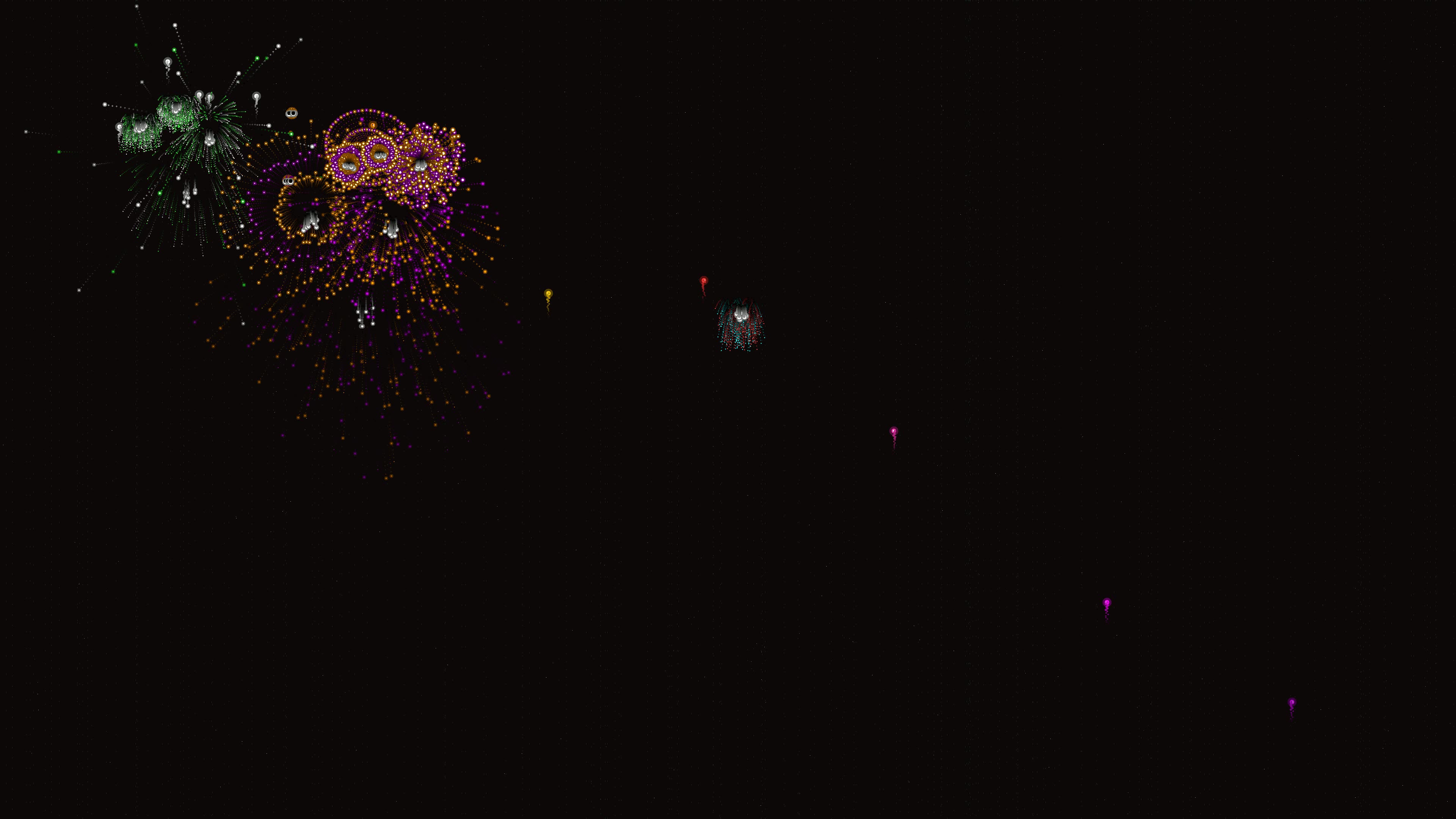 Neon glow effect firework shows bright colors and glitter during night sky display at local event in summer evening