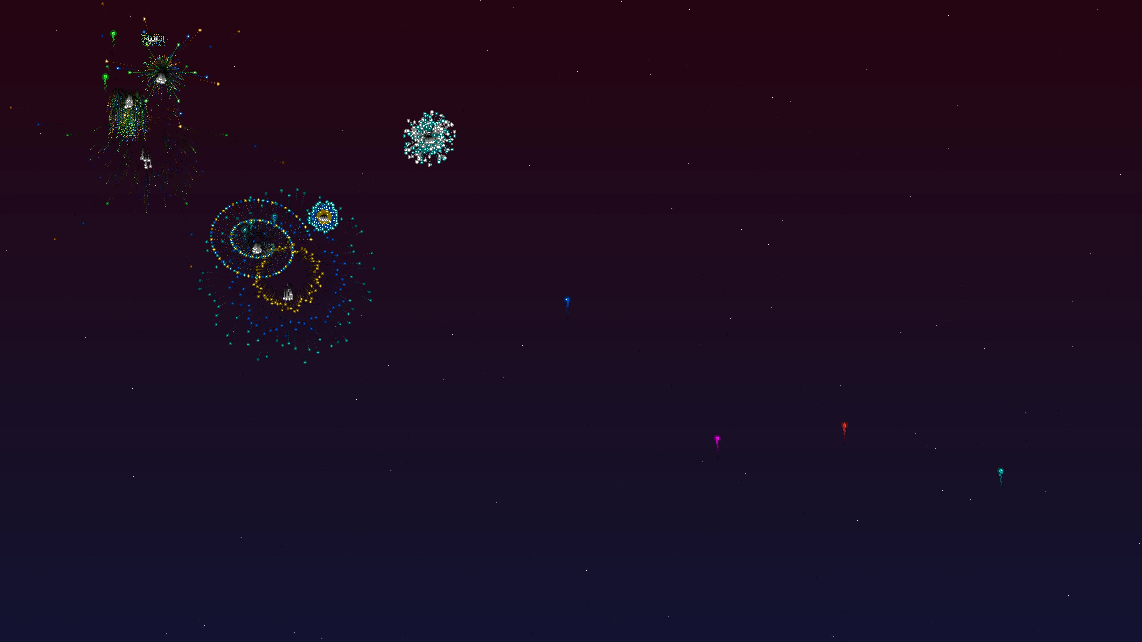 Neon glow effect firework displays spark in the night sky during celebrations with vibrant colors and glittering patterns