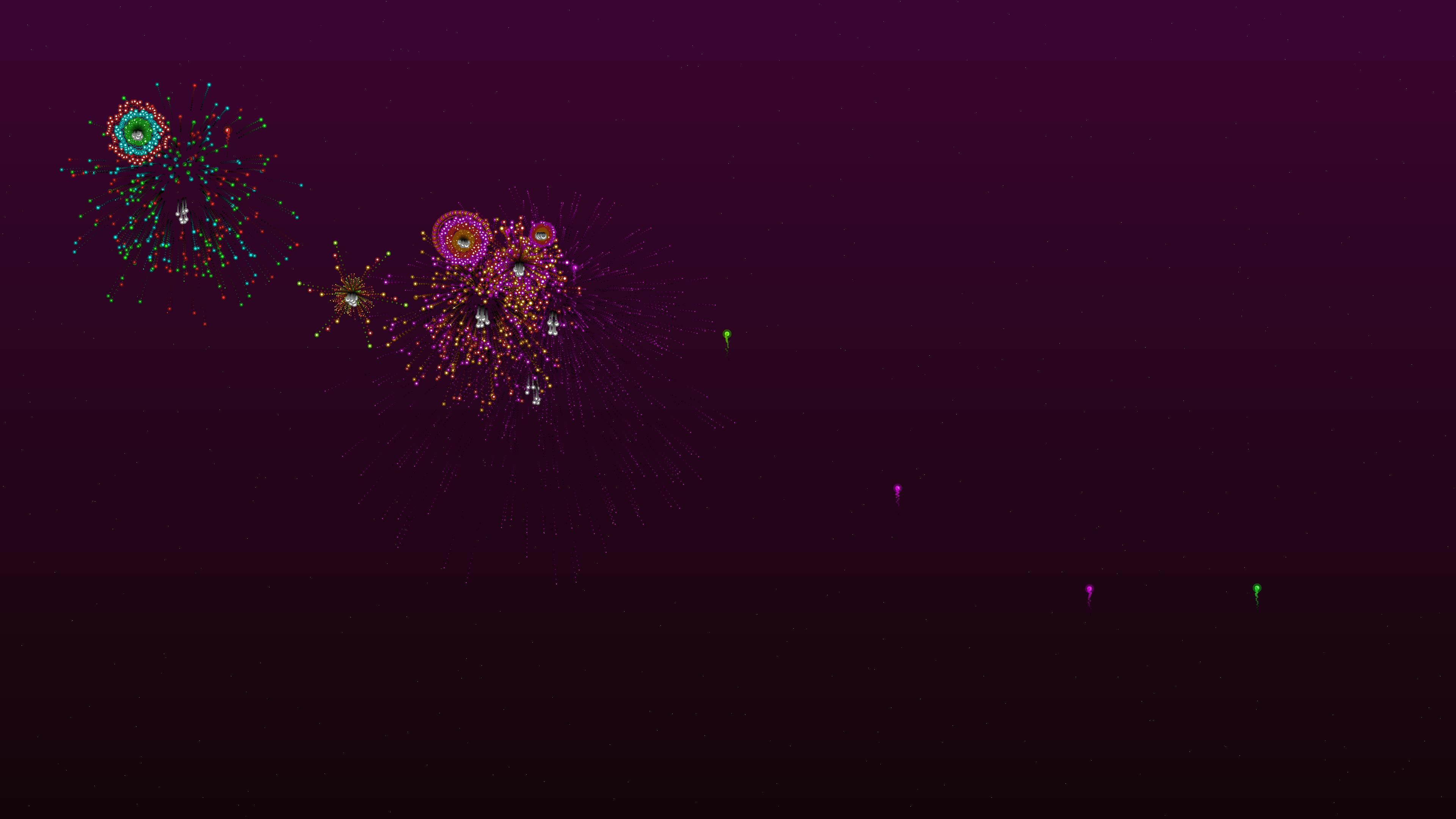 Neon glow effect fireworks display with glitter effects in dark sky during night event celebration