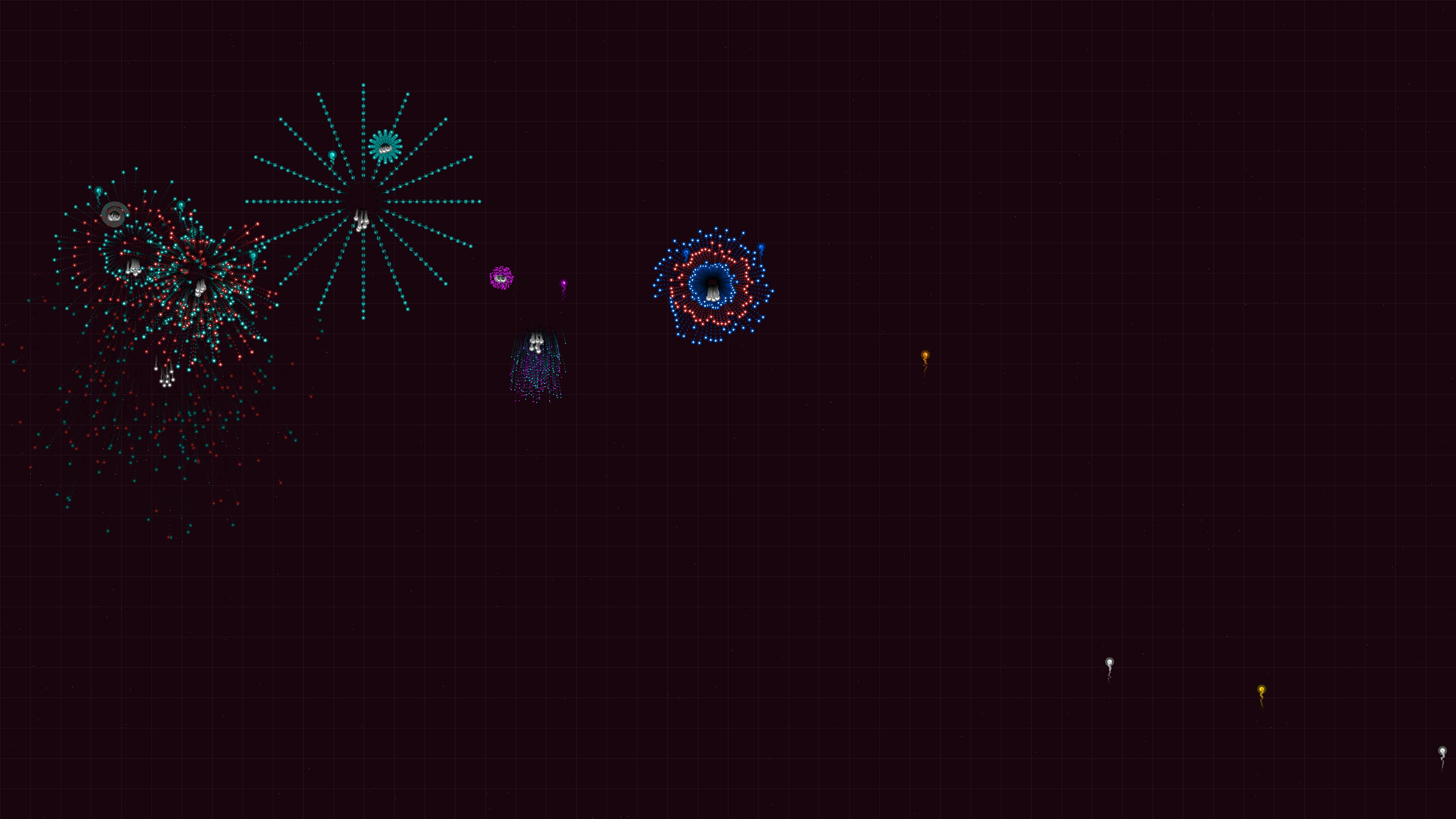 Neon glow firework display with glitter effect lighting up the night sky over urban landscape