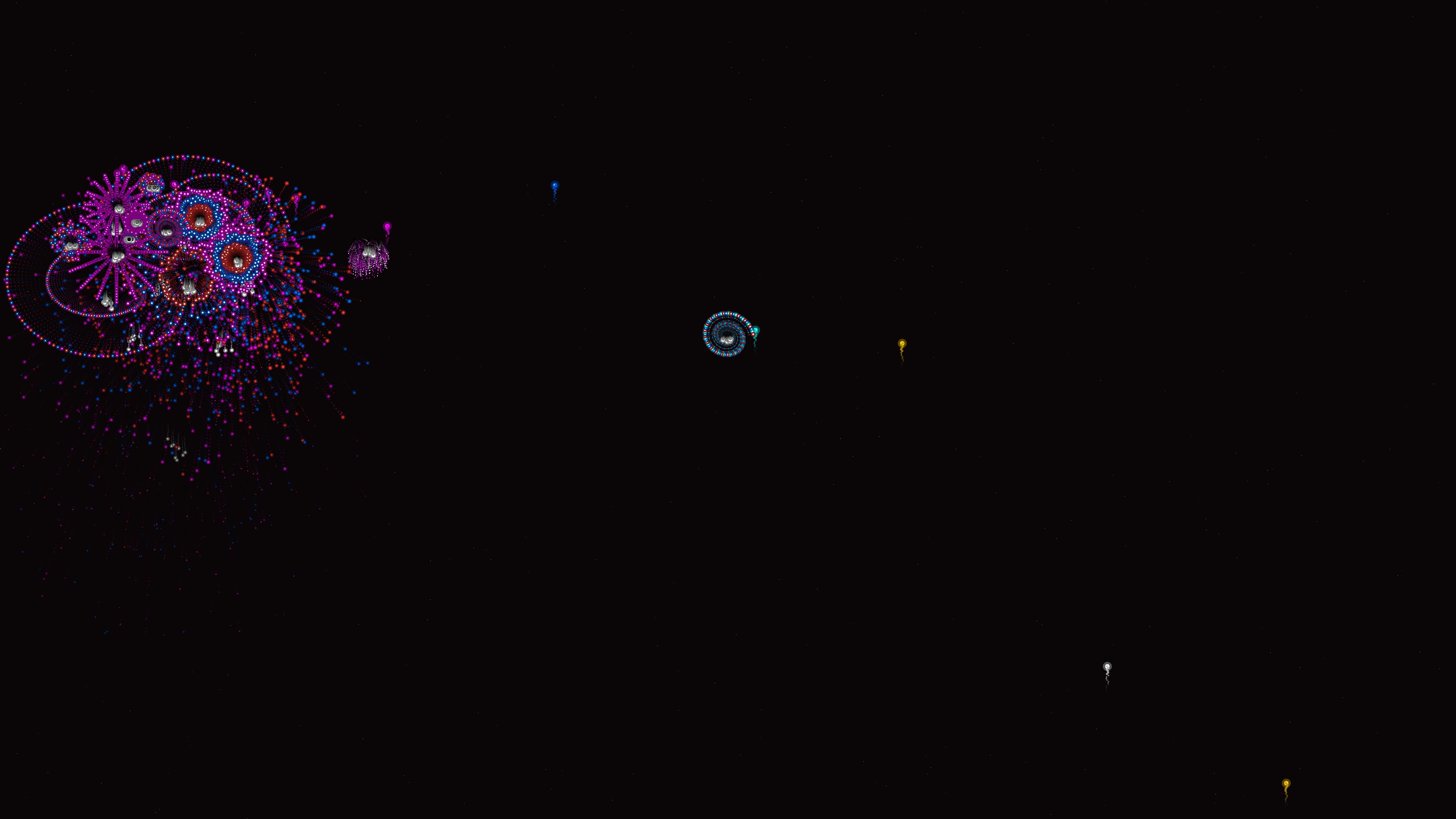 Neon glow effect firework display with glitter effect at night in a festive location during celebrations