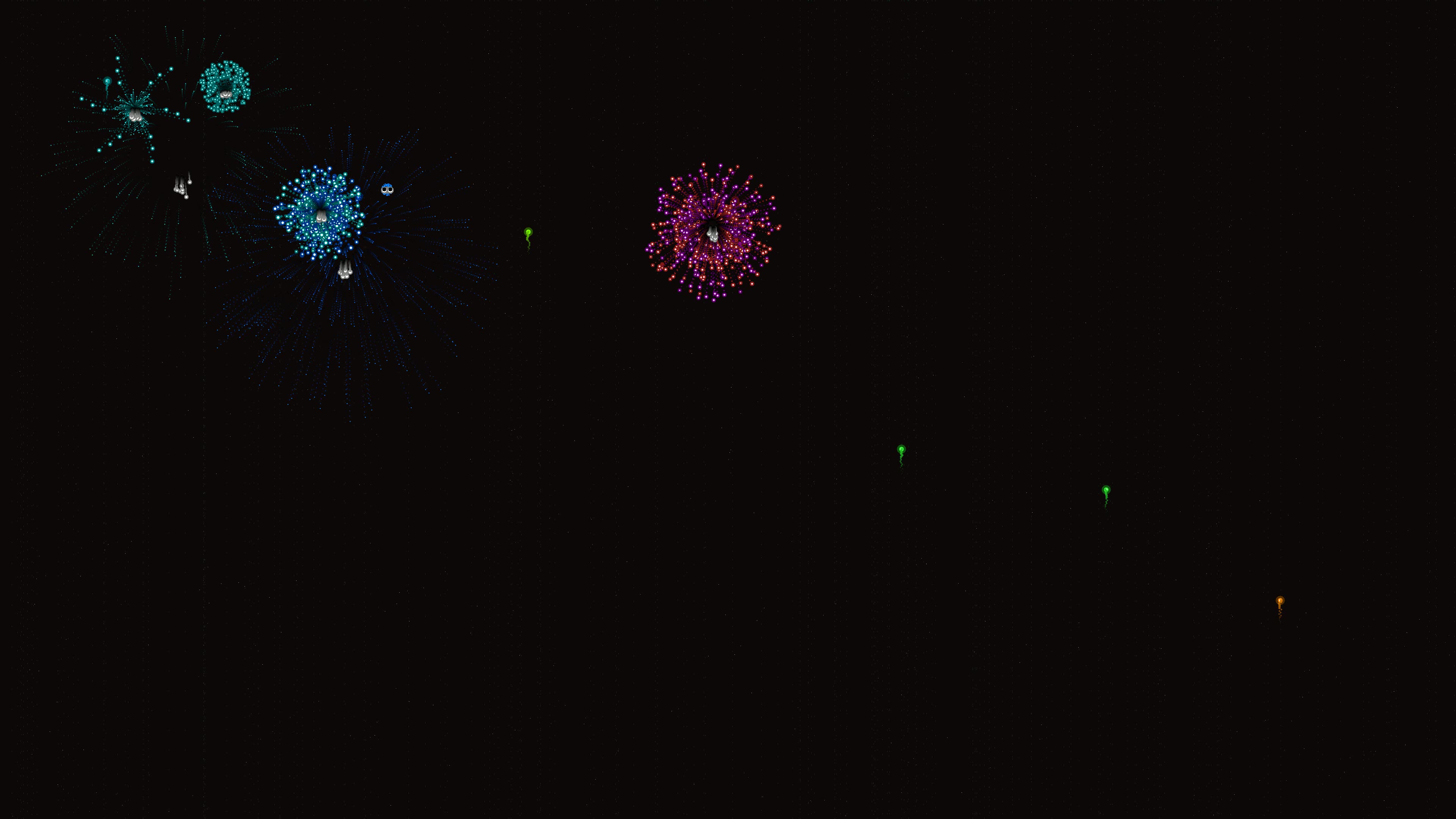 Neon glow firework display at night with glitter effect lighting up the sky
