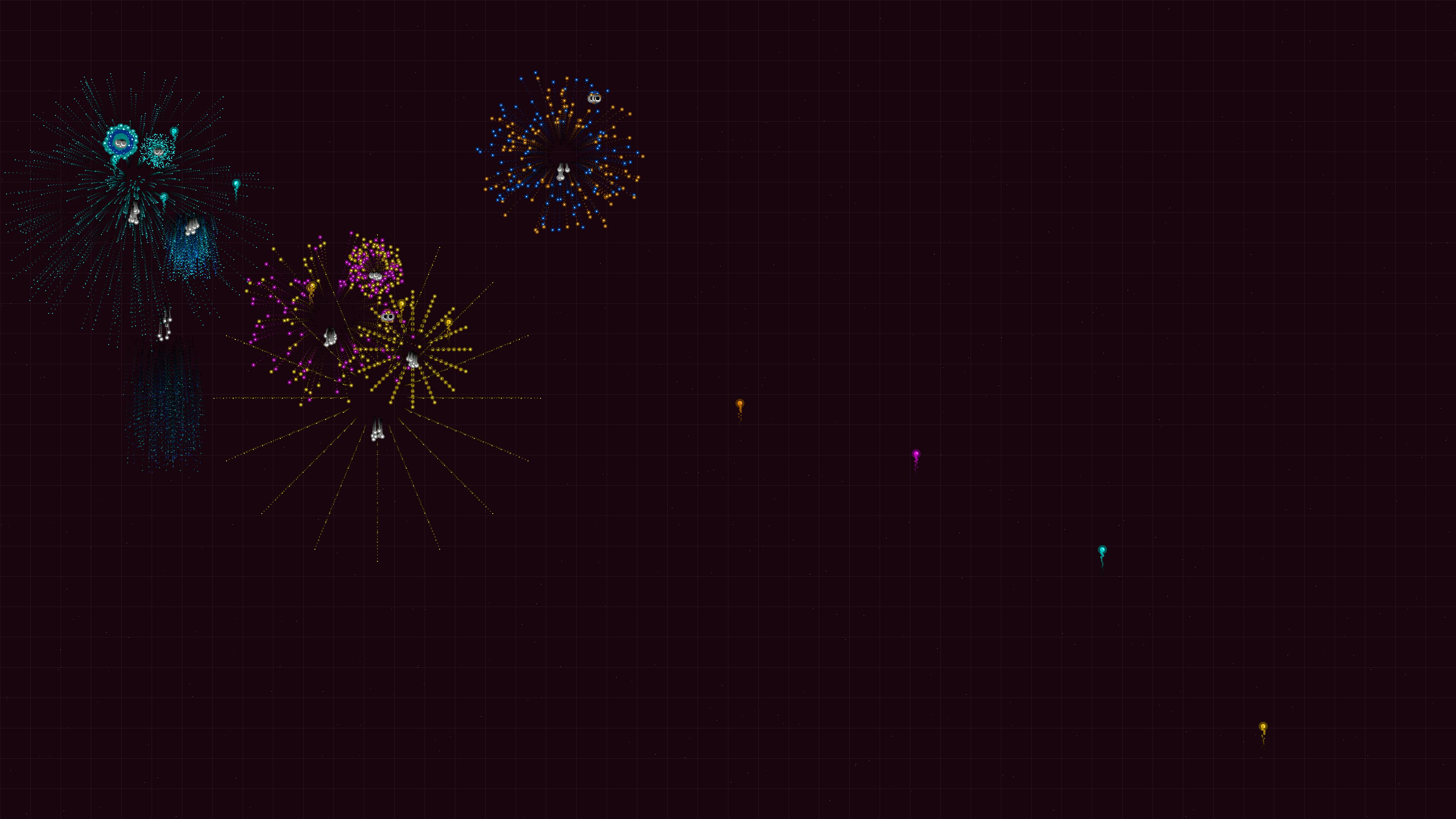 Neon glow firework display with glitter effect in night sky during festive event