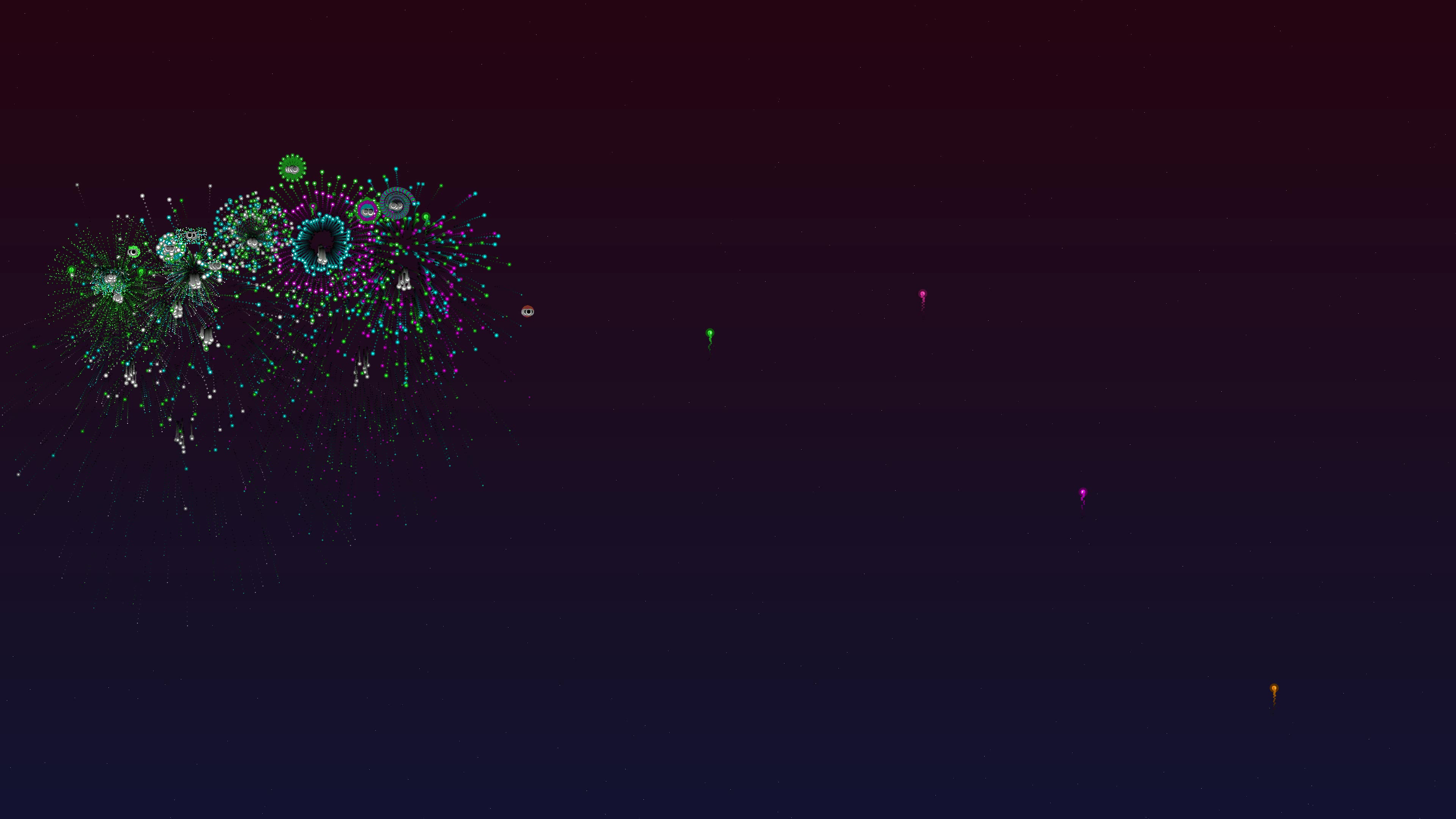 Neon glow firework display with glitter effect lighting up the night sky over the city during celebration event