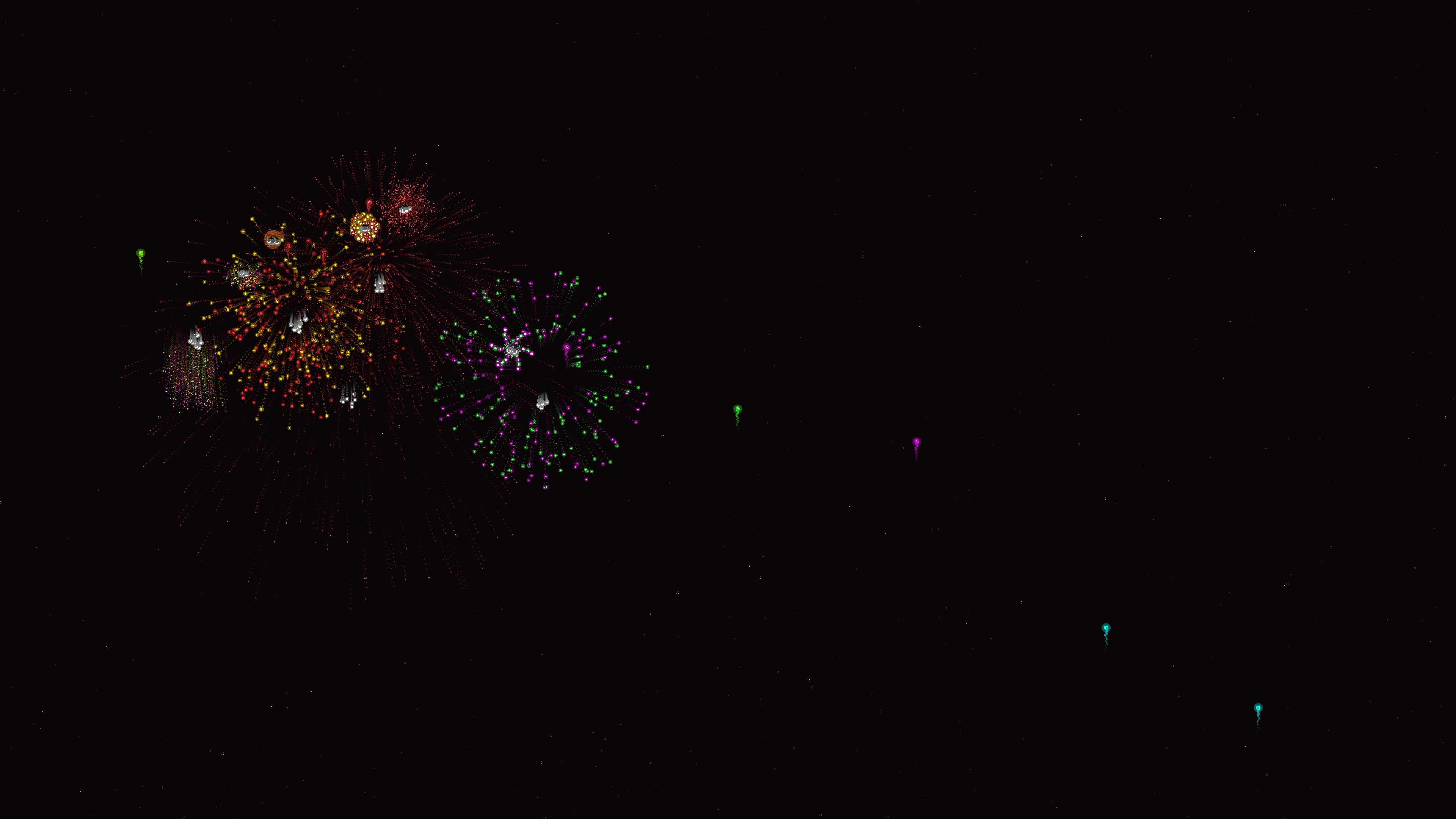 Neon glow effect firework display with glitter details in night sky during festive celebration event