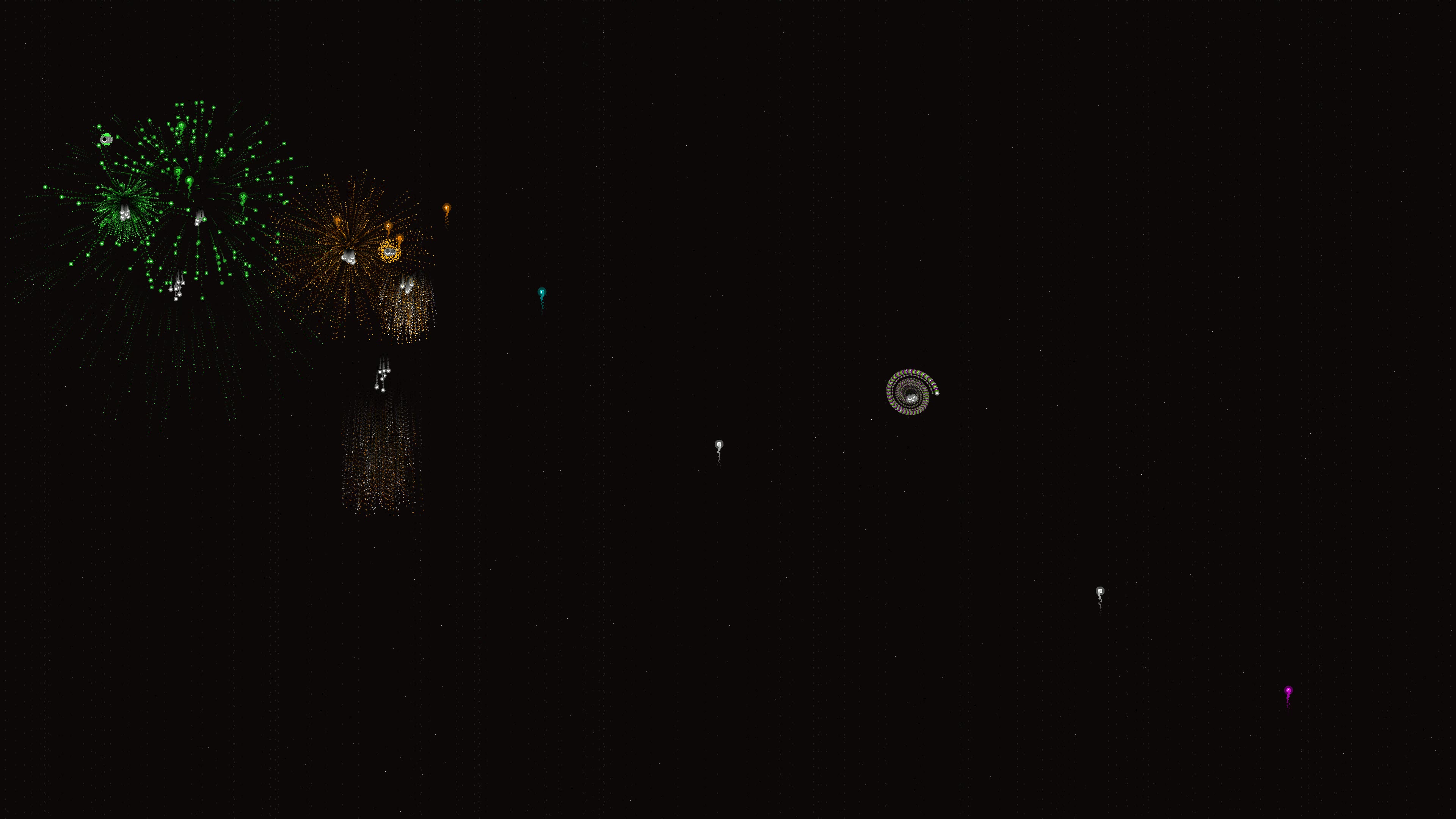 Neon glow effect firework with glitter effect displayed at night during a celebration event in an urban area