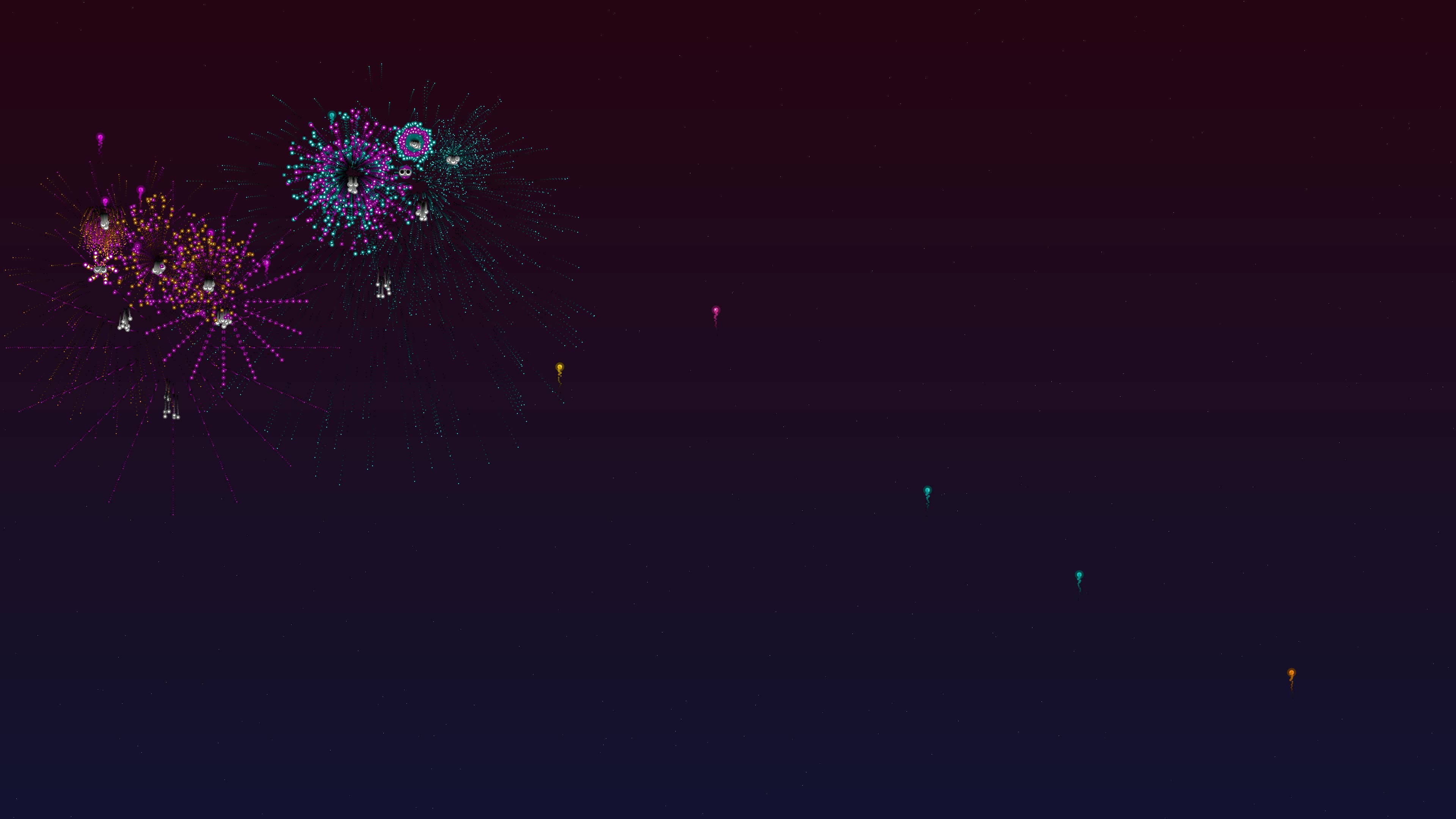 Neon glow effect firework show displays bright colors and glitter light in the night sky during a festive celebration