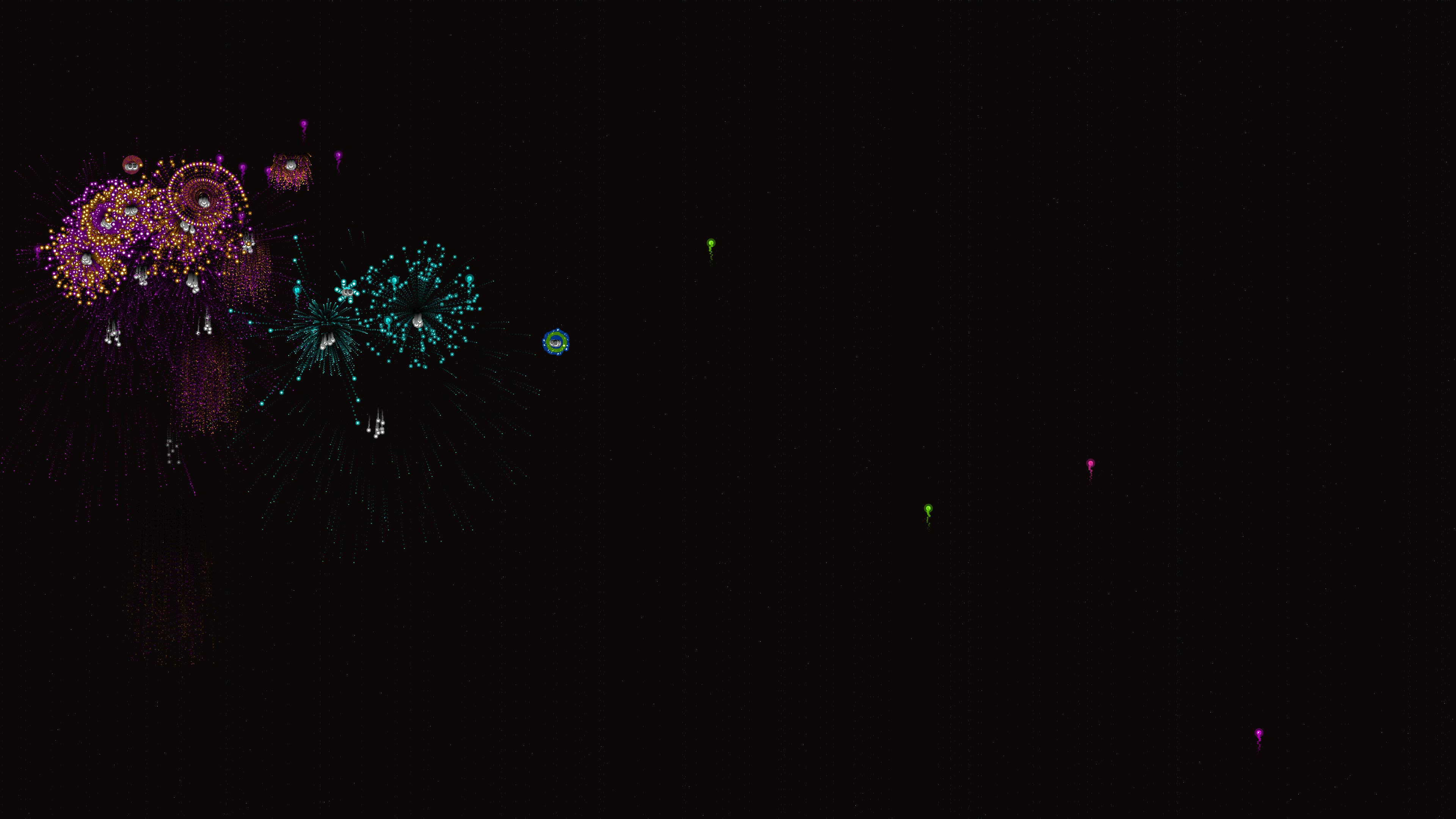 Neon glow fireworks light up the night sky with glitter effect during a celebration event in a city park