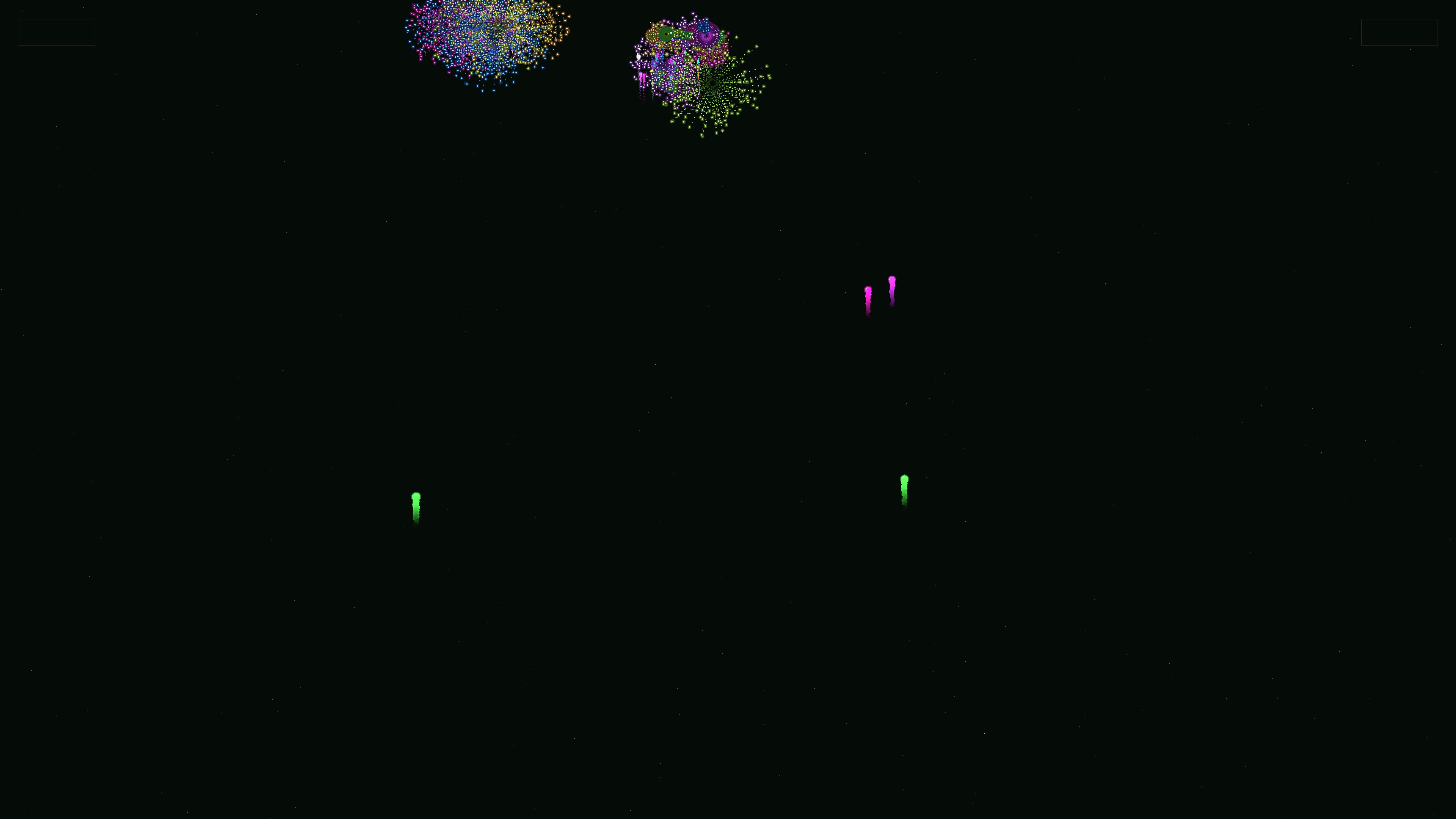 Neon glow effect firework displays with glitter in a night sky during a festive celebration event