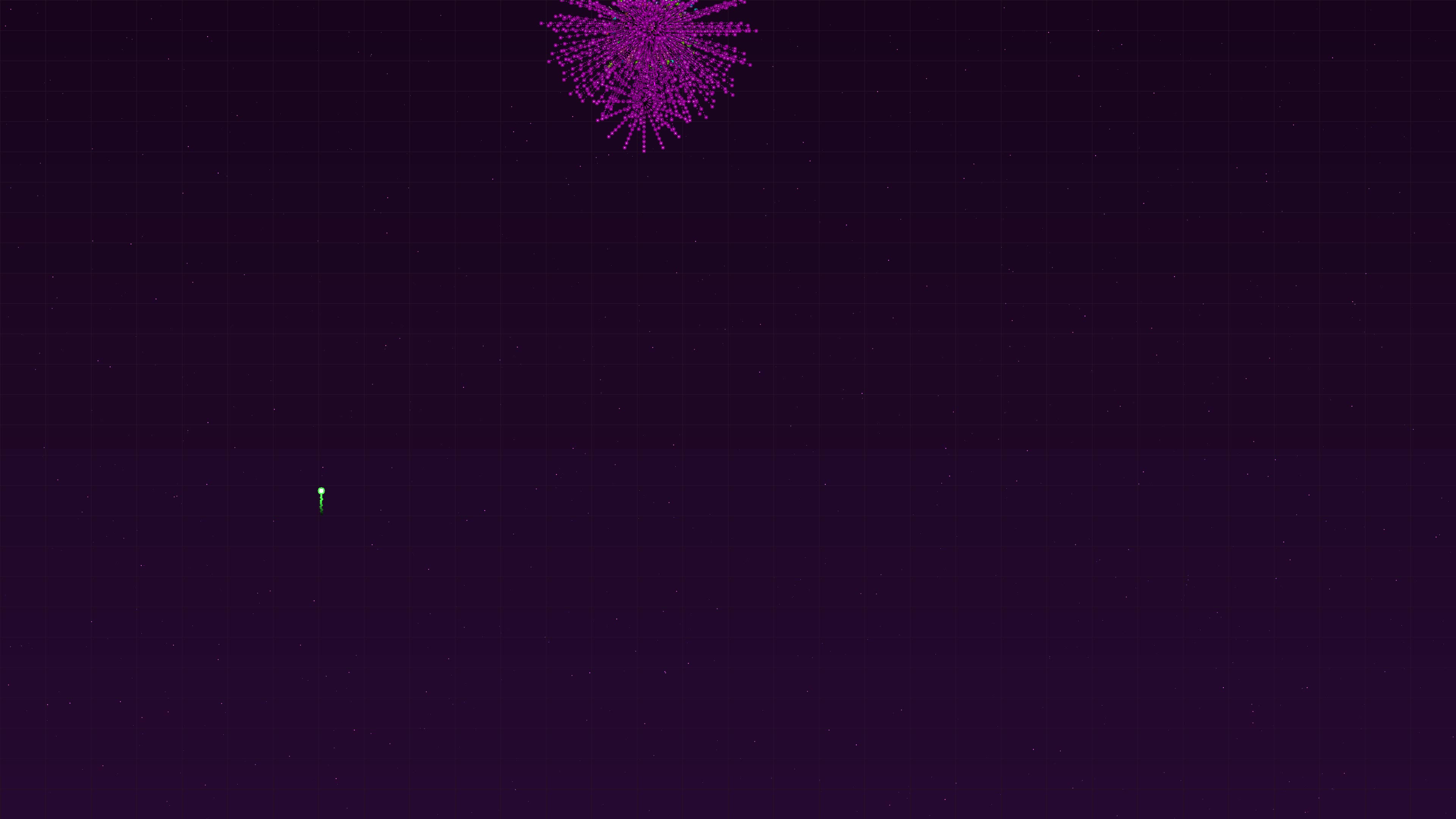 Neon glow fireworks light up the night sky with glitter and vibrant colors during a festive celebration in an urban setting