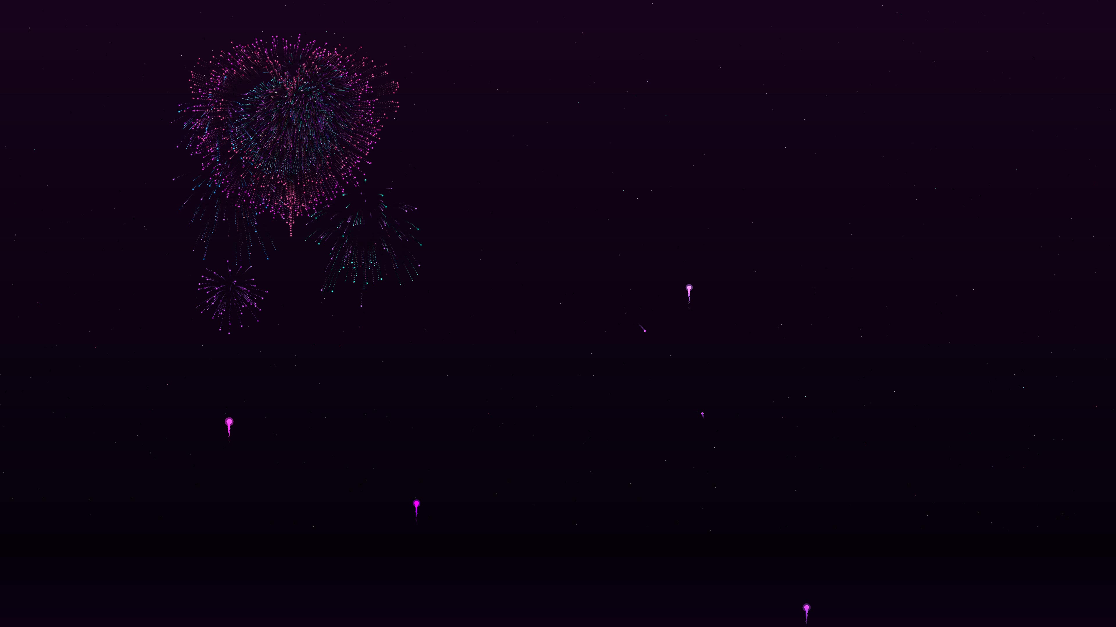 Neon glow firework display with glitter effect lights up the night sky over a cityscape during a festive celebration