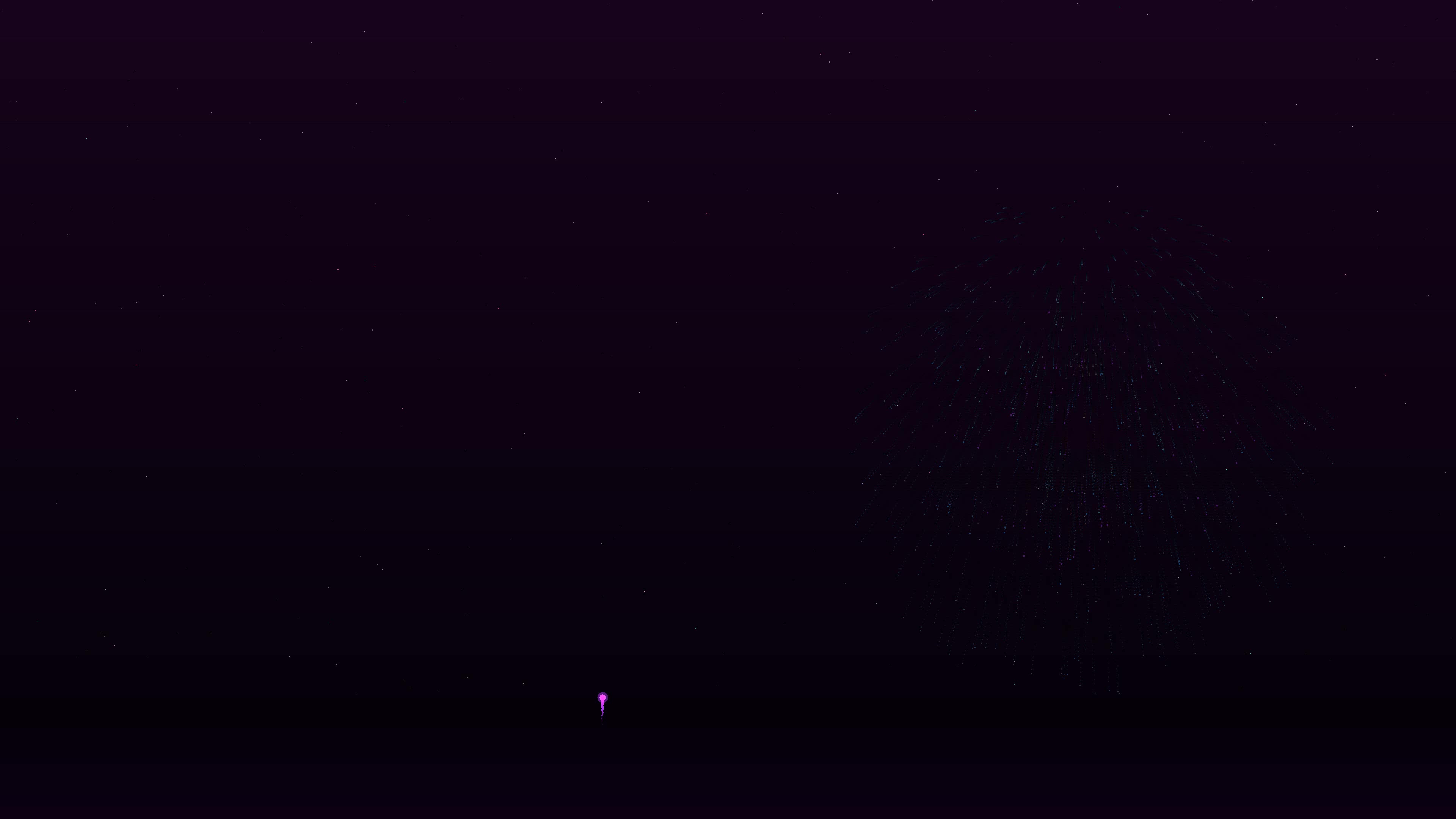 Neon glow effect firework display with glitter sparks lighting up the night sky during a festive celebration in a lively city