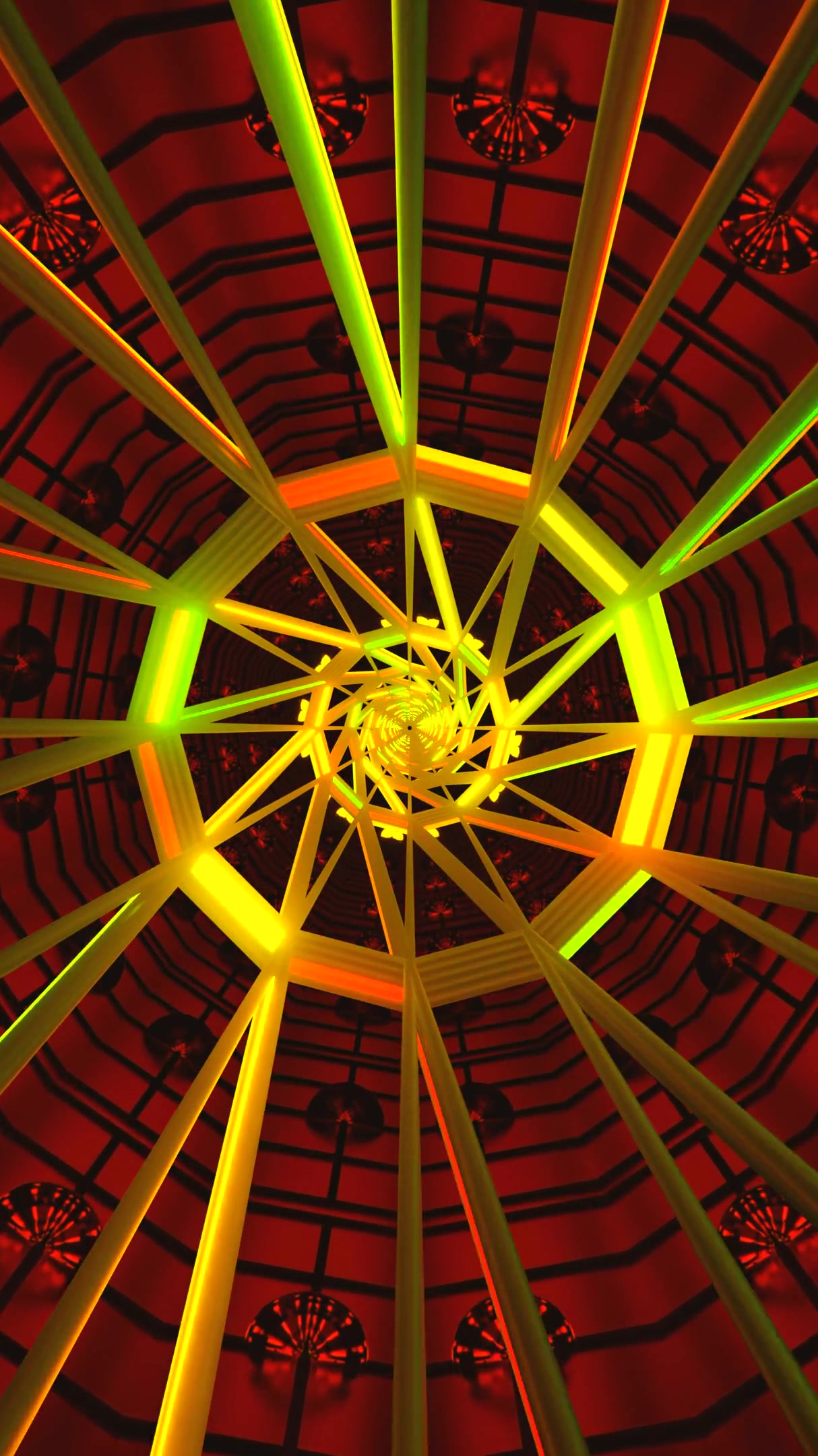 Colorful tunnel video loop screensaver with dynamic spiral design and neon lights effects