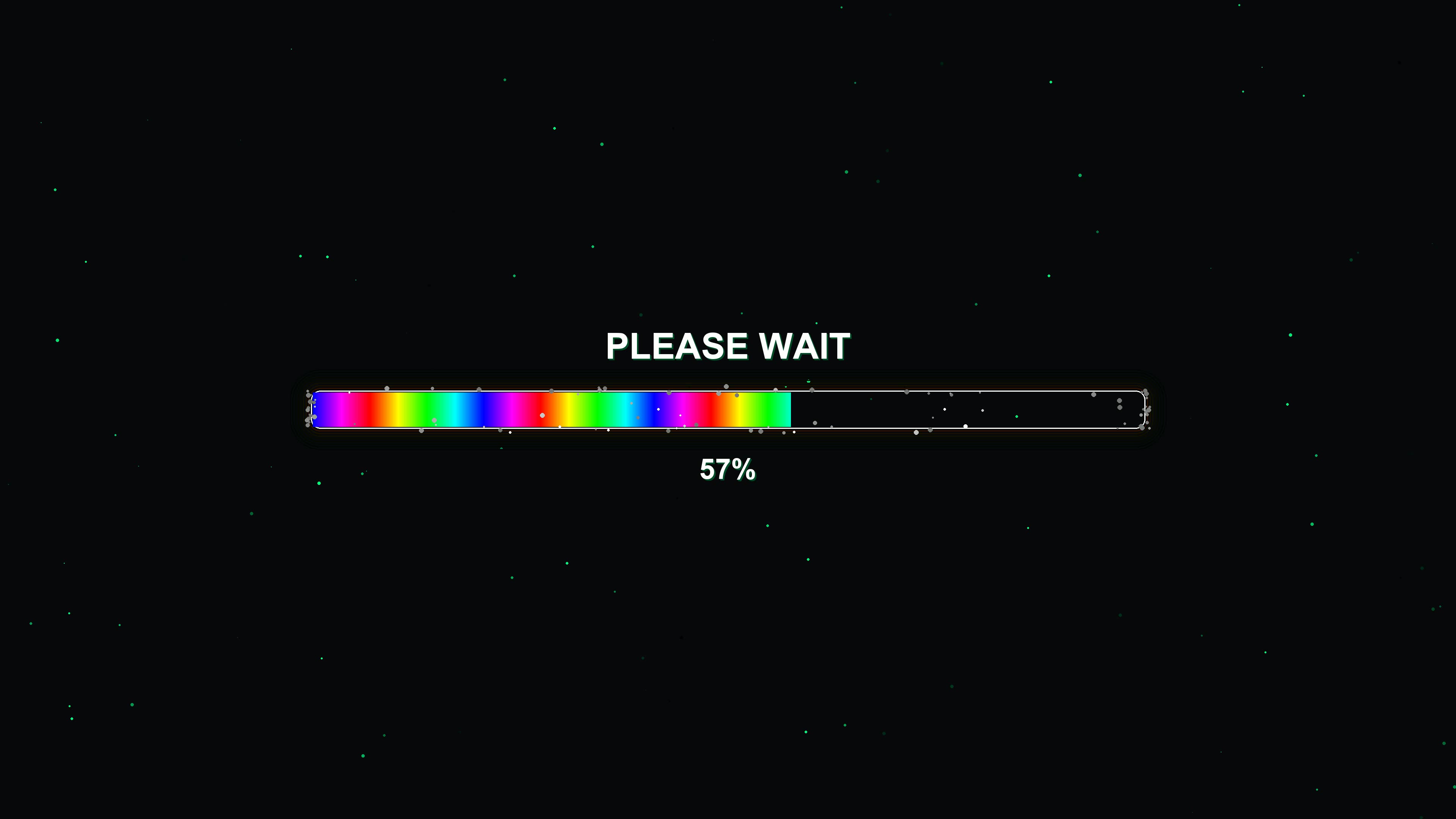 Waiting screen shows progress bar with colorful animation indicating 100 percent completion on black background