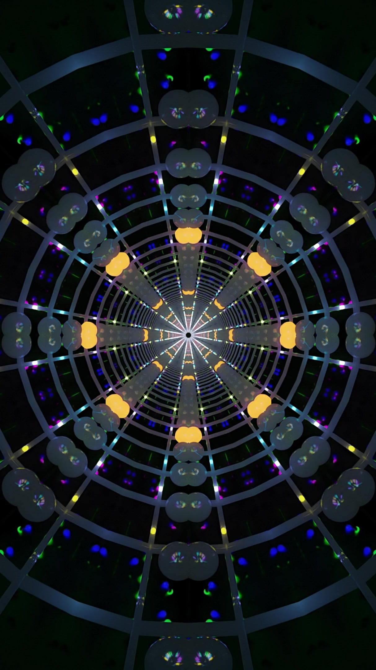 Endless tunnel vj loop screensaver with colorful patterns and lights creating a 3d optical illusion effect