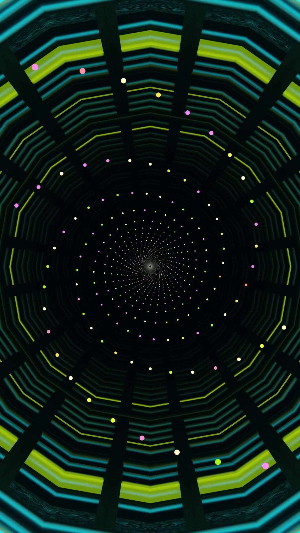Seamless tunnel video loop featuring vibrant green patterns and colorful dots creating dynamic motion and visual depth