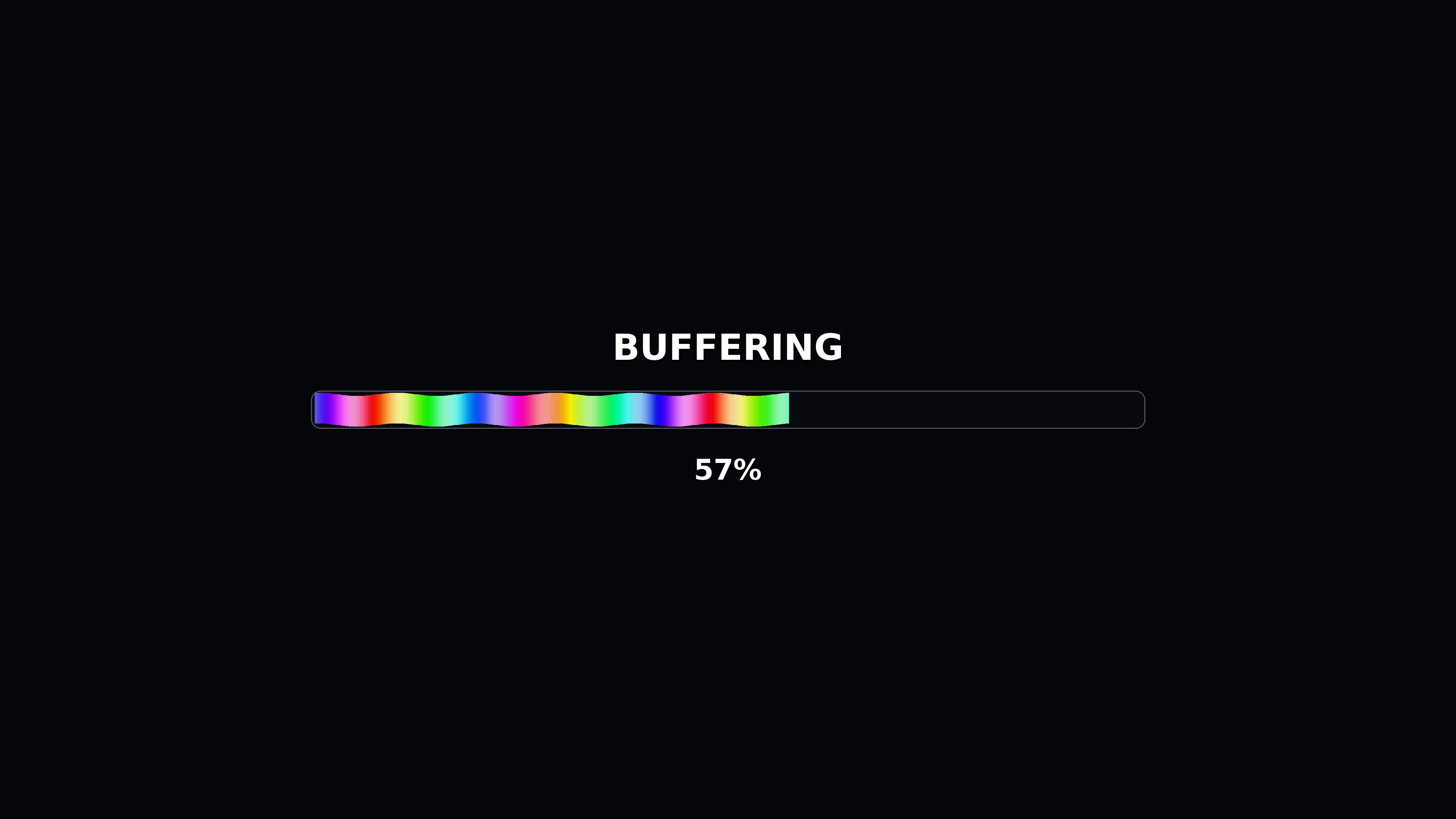 Progress bar reaches full animation for video playback with a colorful display indicating buffering status in a digital format