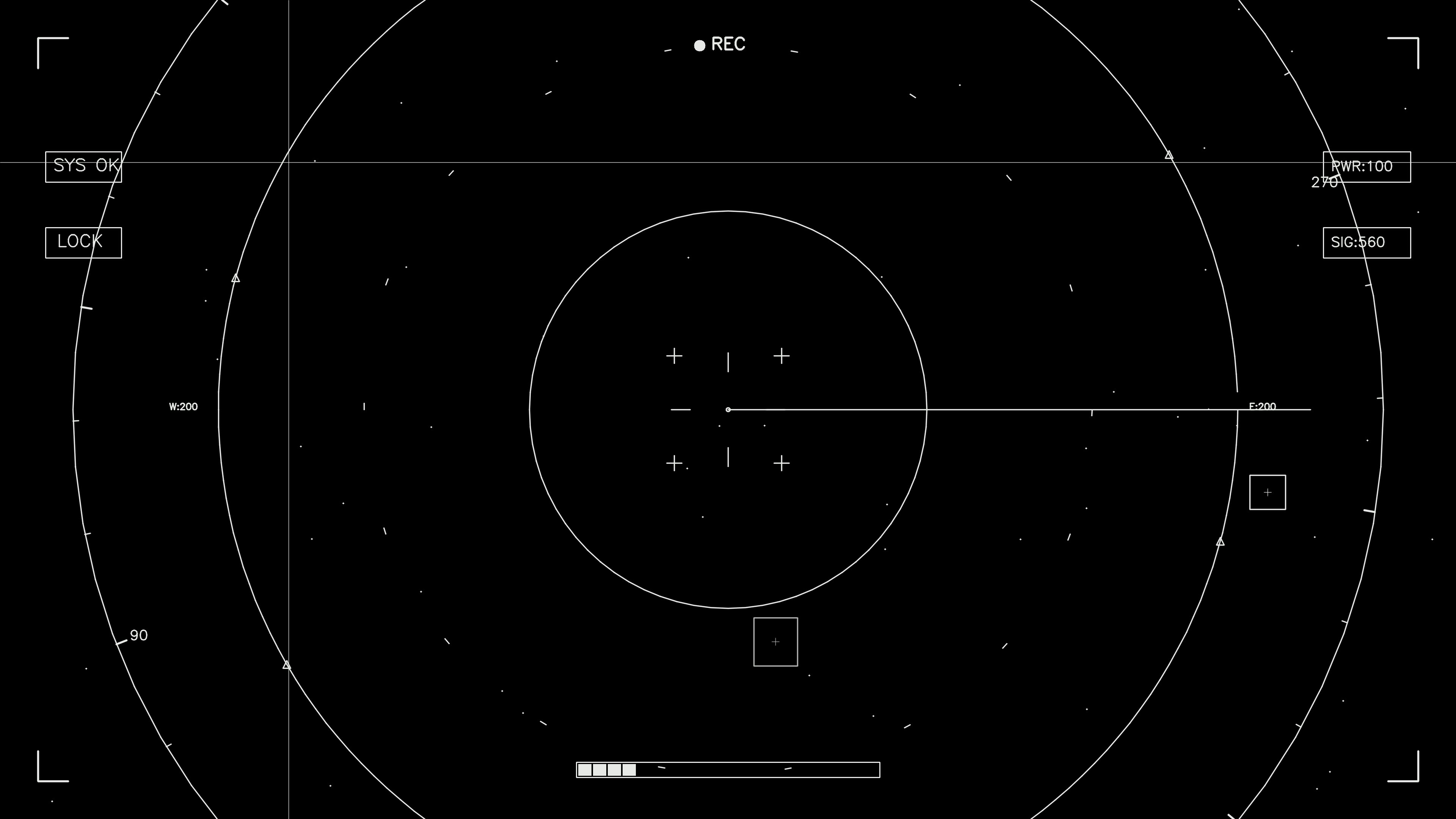 Hud elements animation for webdesigner and sci-fi video cutter with recording display and tracking lines in black background