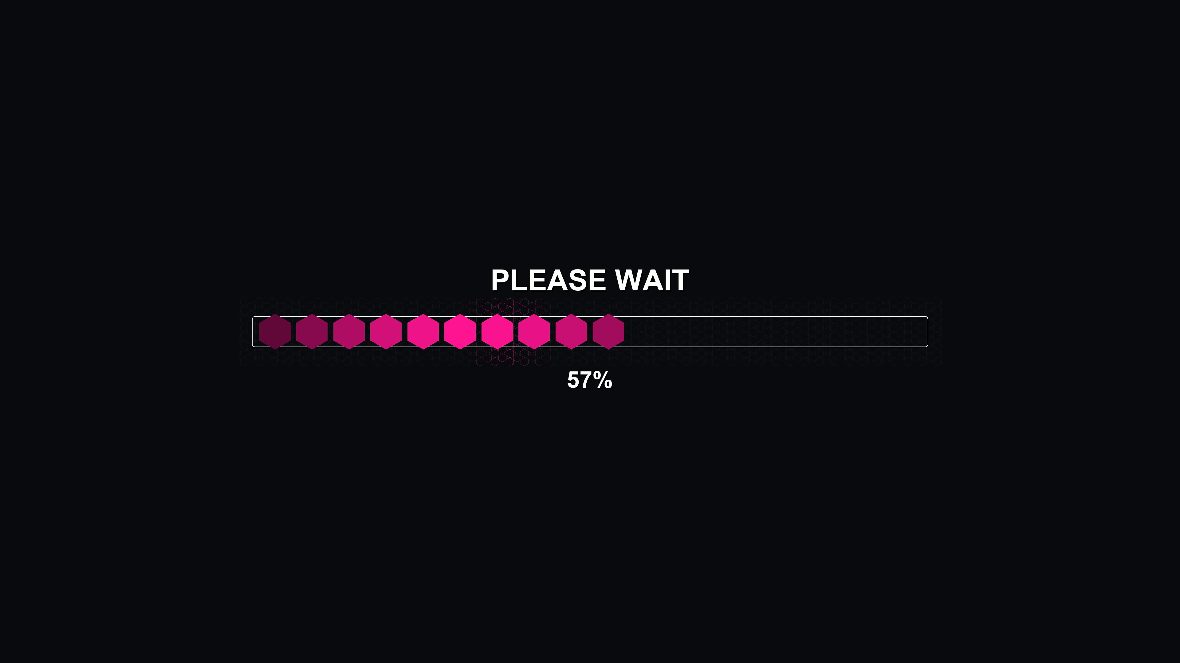 Hexagon grid progress bar animation showing loading status and completion percentage in a digital display