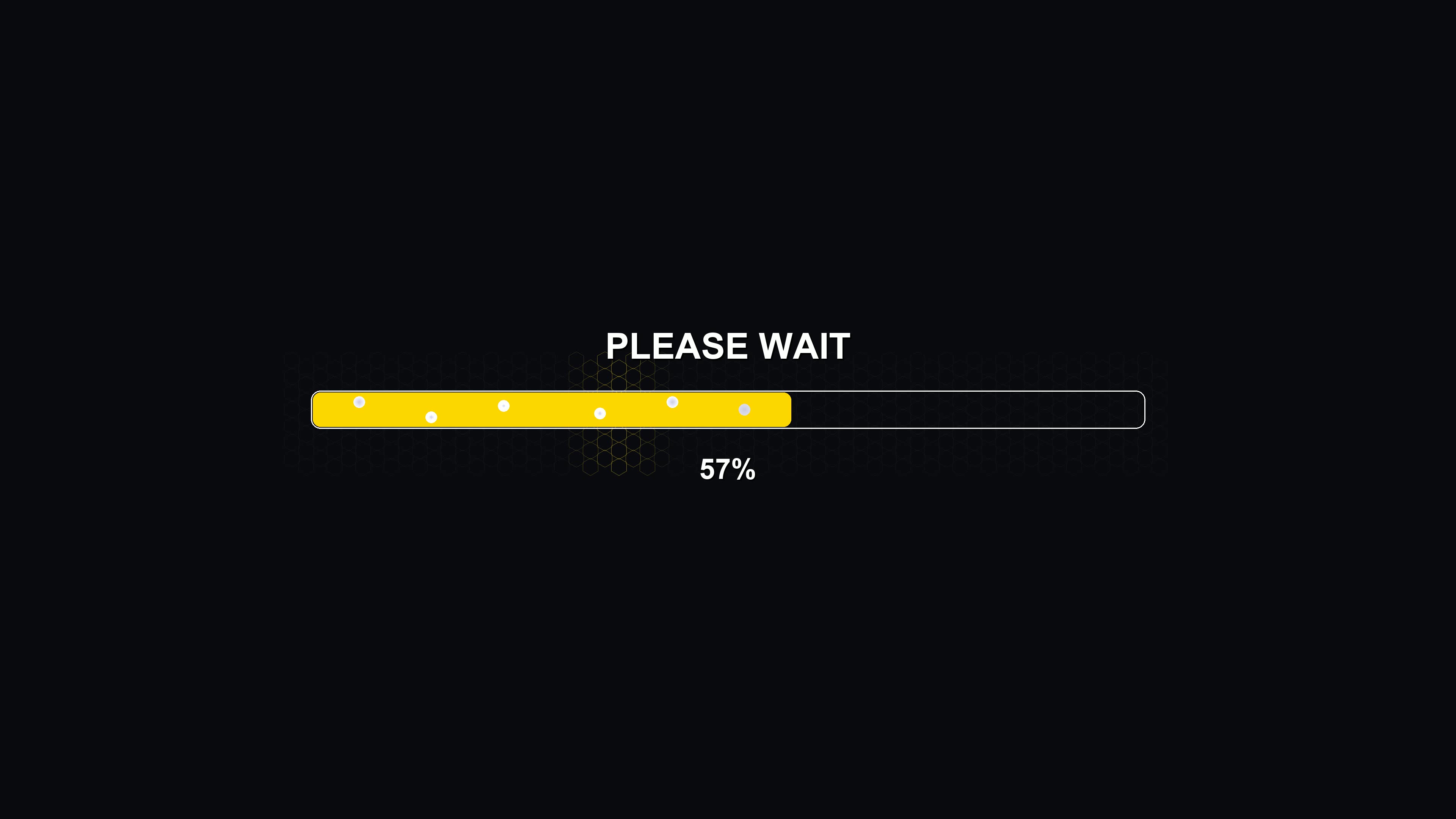 Progress bar animation showing hexagon grid design with yellow color on black background displaying wait message and loading status