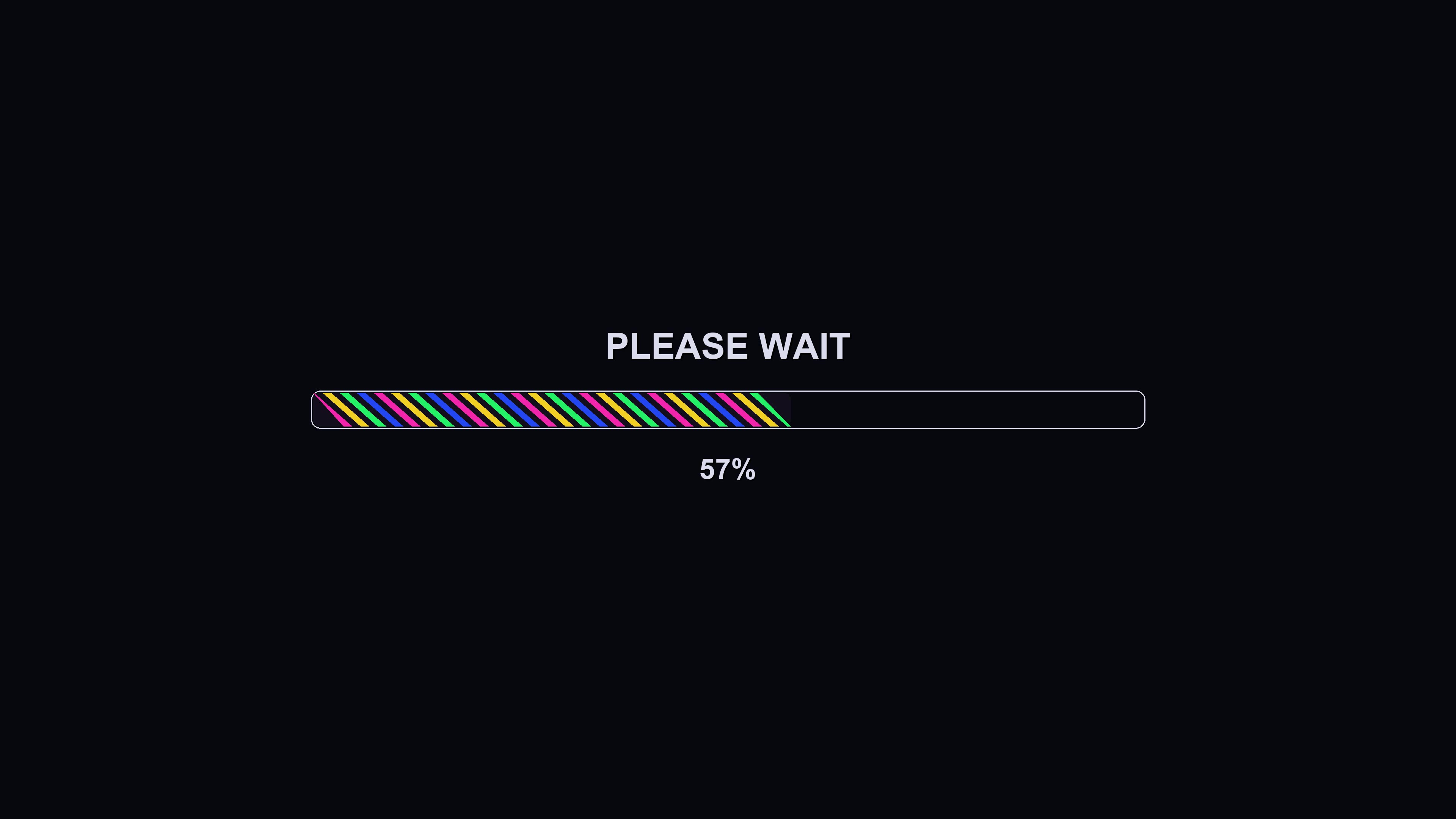 Loading animation displays progress with colorful stripes and text indicating please wait status