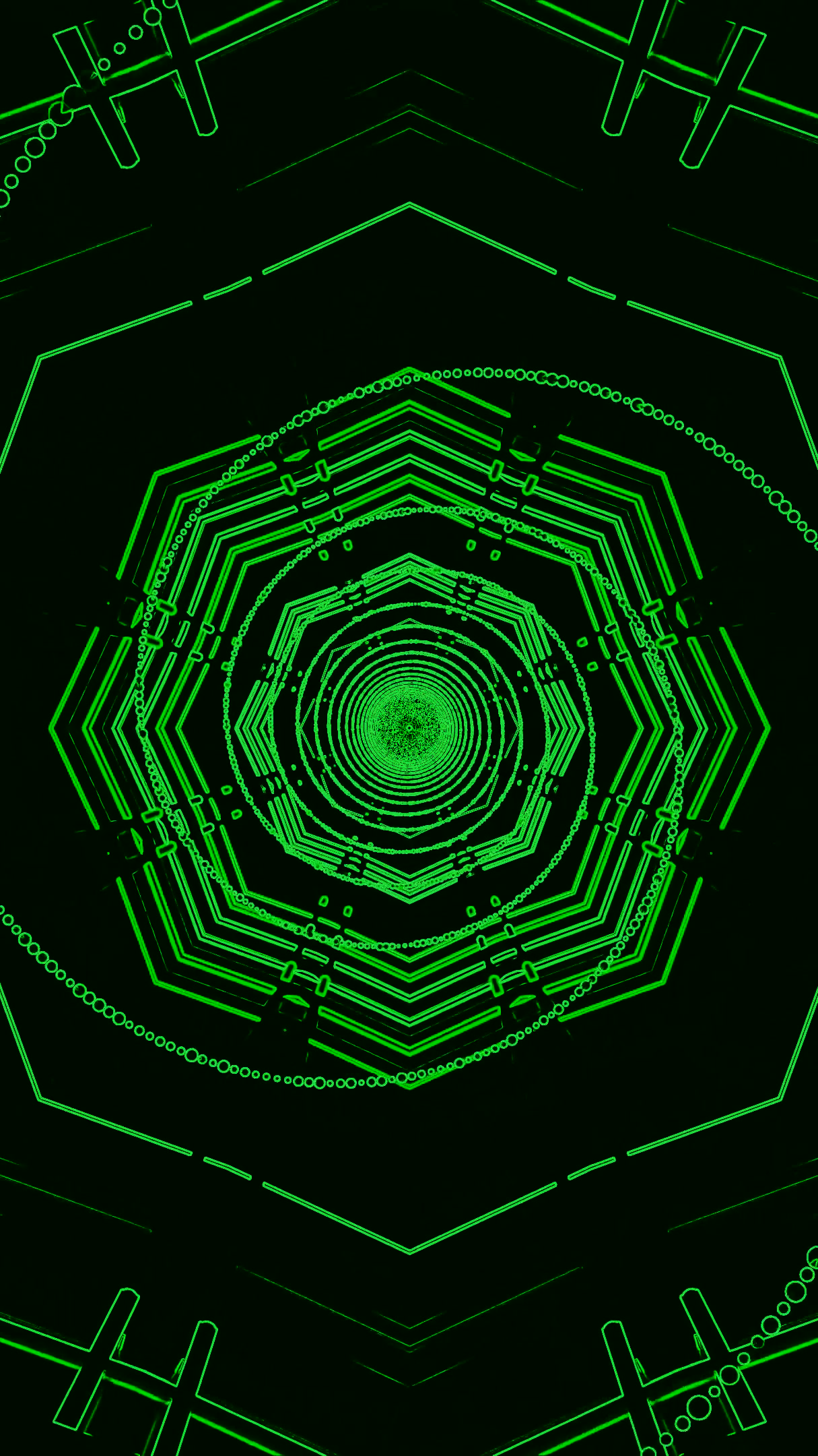 Seamless tunnel video loop screensaver with green neon designs an